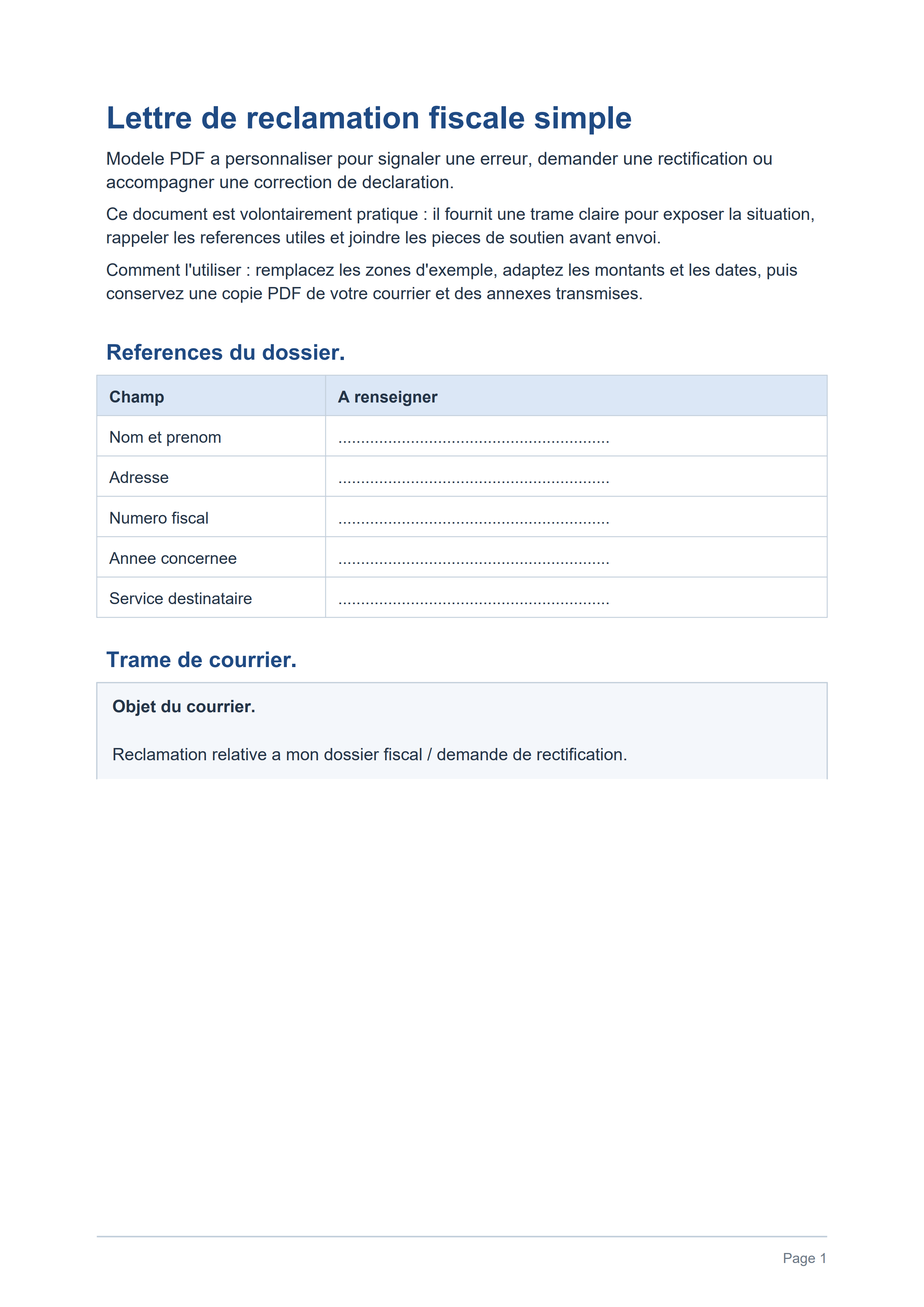 Lettre de réclamation fiscale simple PDF