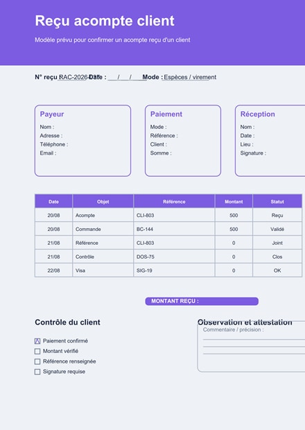 Reçu acompte client PDF