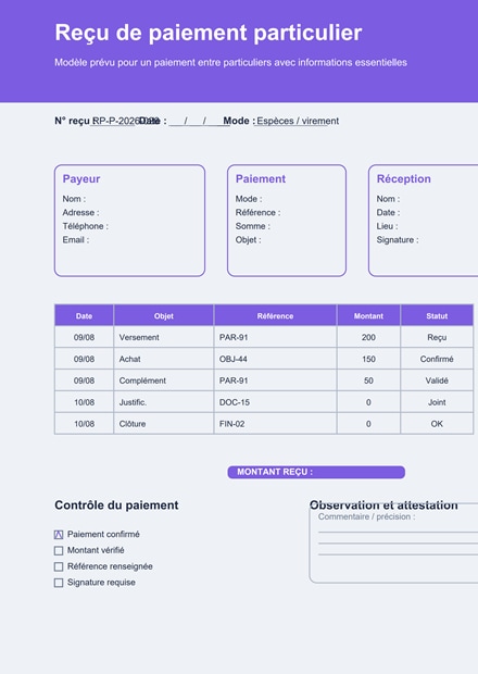 Reçu de paiement particulier PDF