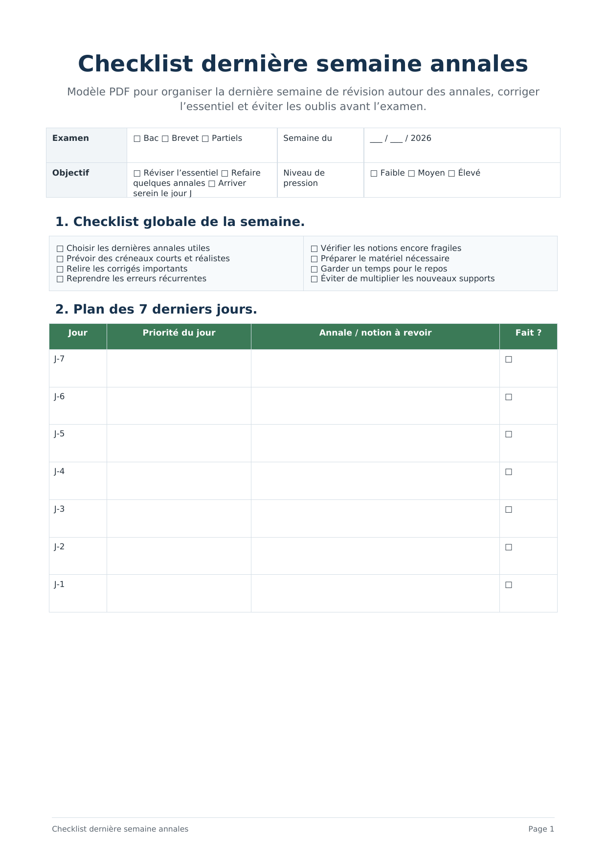 Checklist dernière semaine annales PDF