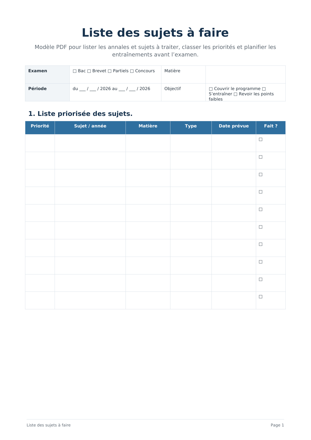 Liste sujets à faire PDF