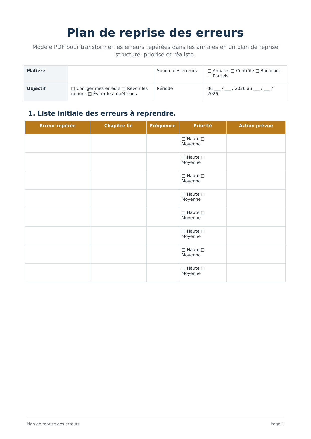 Plan de reprise des erreurs PDF