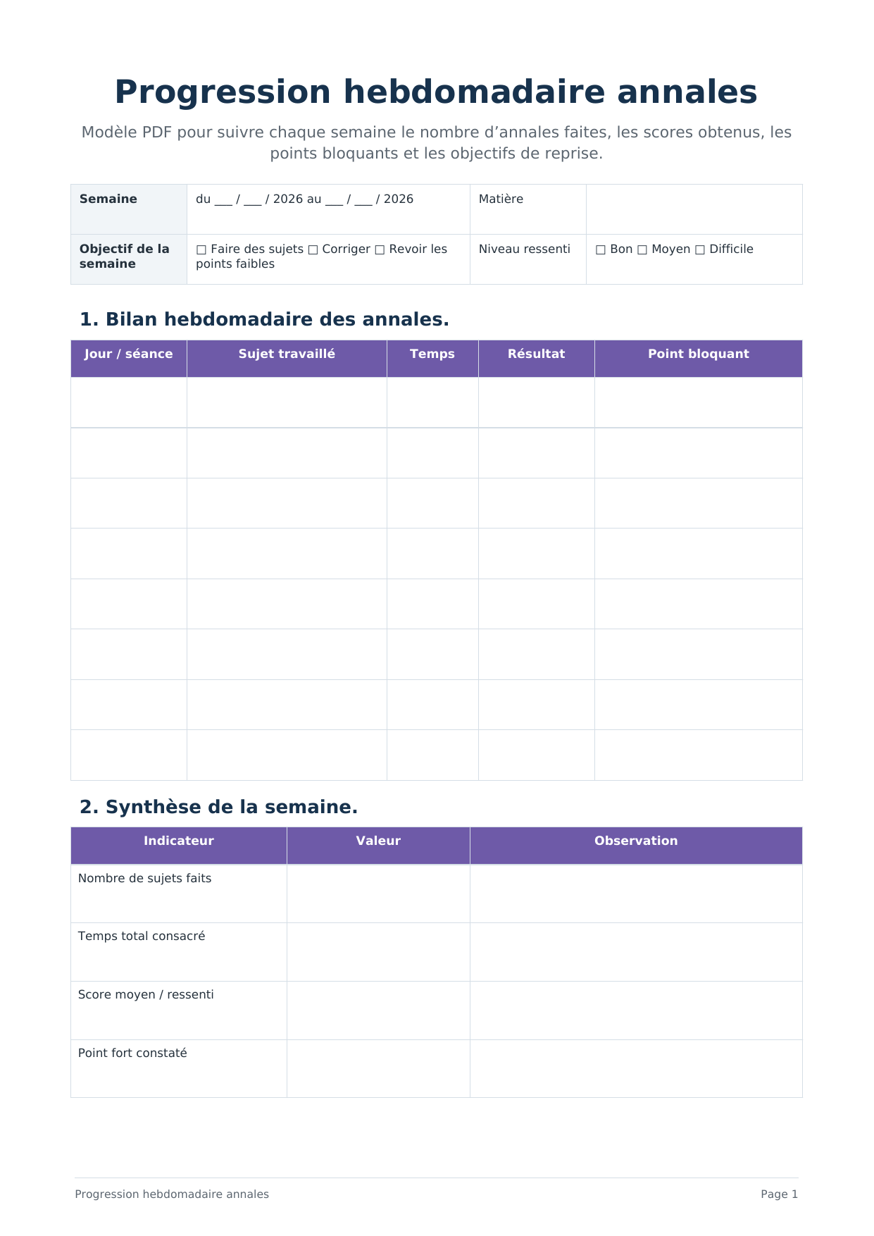 Progression hebdomadaire annales PDF