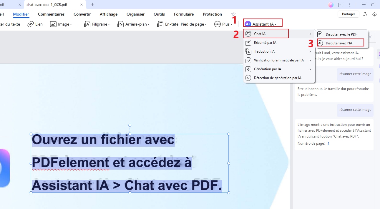 Accès à la fonction “Discuter avec IA”