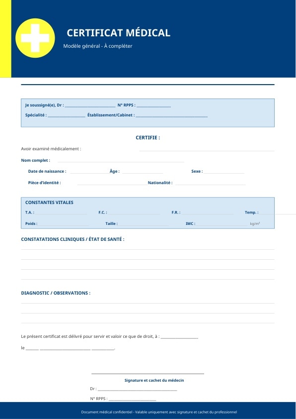 Modèle général de certificat médical en PDF avec en-tête bleu