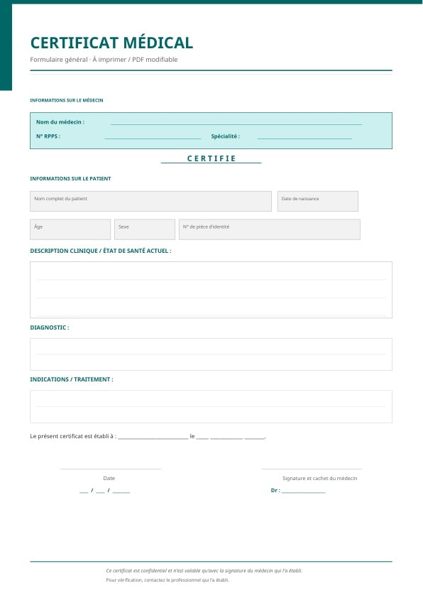Formulaire vierge de certificat médical avec champs à remplir