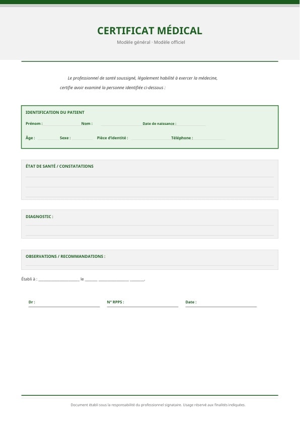 Certificat médical structuré avec sections séparées