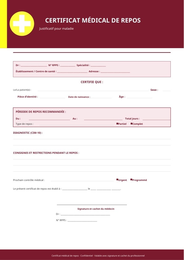 Certificat médical de repos avec période mise en évidence