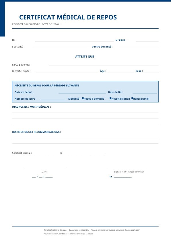 Justificatif médical de repos au format PDF