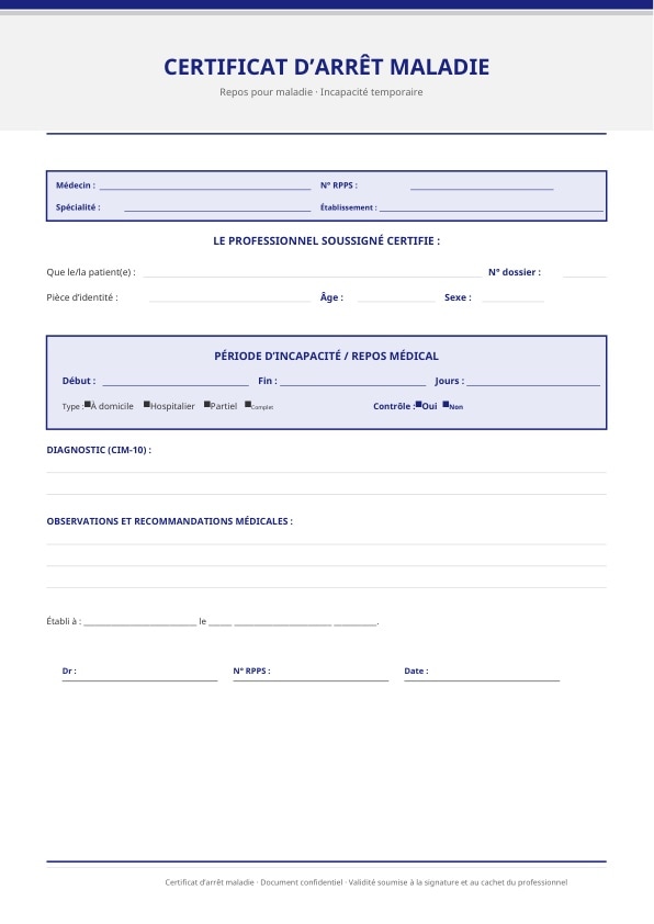 Modèle structuré pour repos médical et restrictions