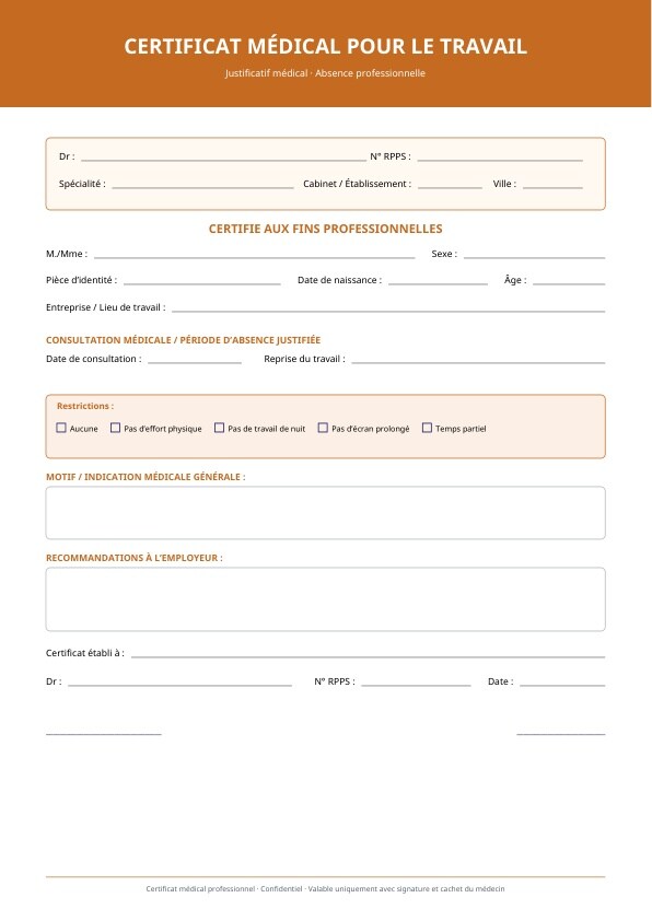 Modèle structuré pour certificat médical professionnel