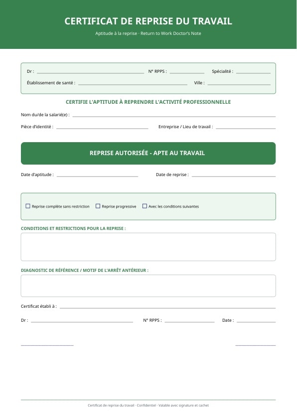 Certificat de reprise du travail avec date de retour