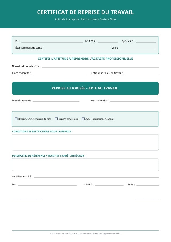 Certificat structuré de retour au travail