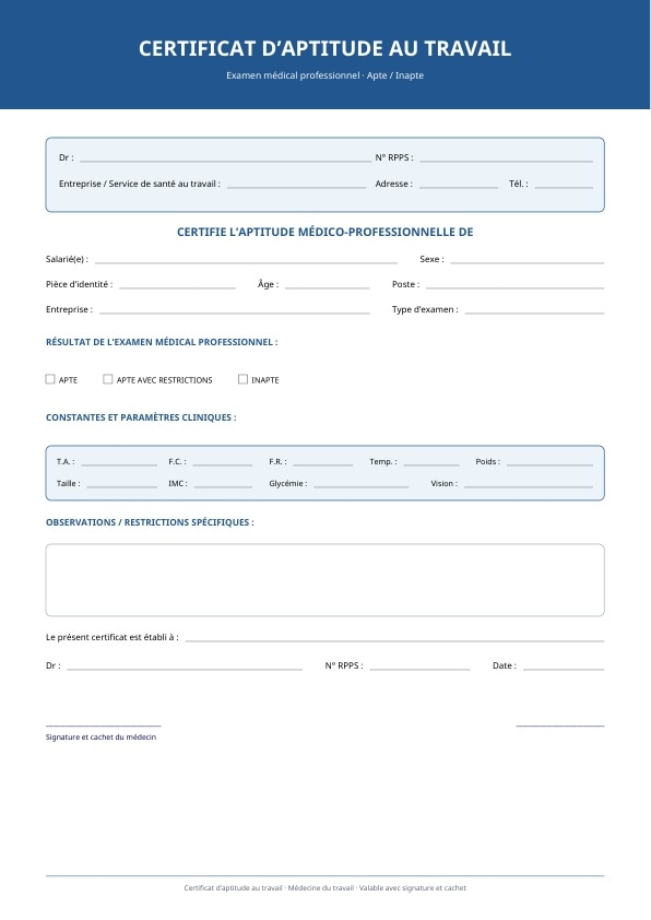 Certificat médical d’aptitude au travail en PDF