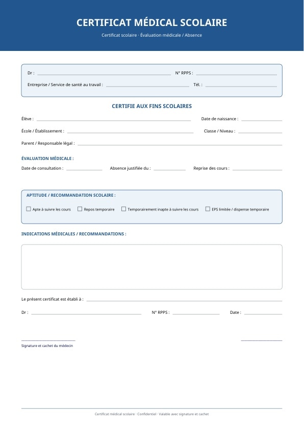 Certificat médical scolaire en PDF