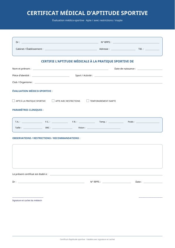 Certificat médical sportif avec activité indiquée