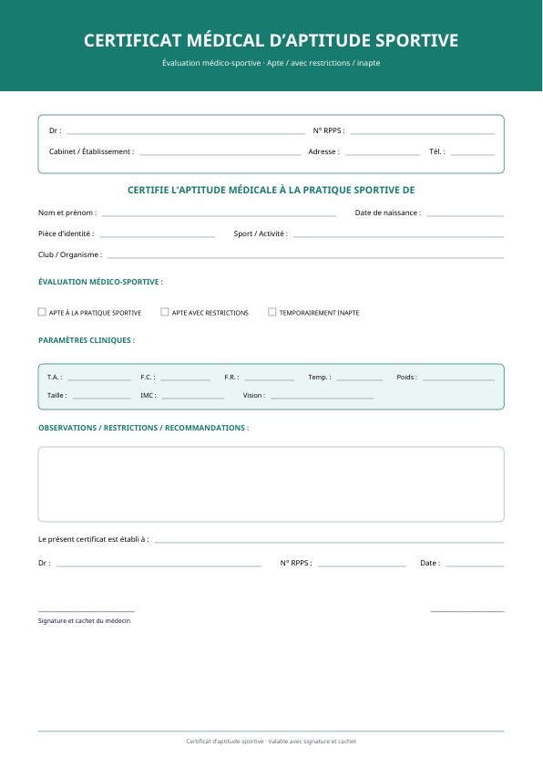 Modèle PDF d’aptitude sportive avec validité