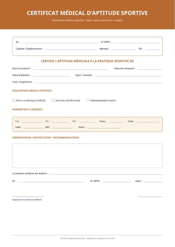 Certificat structuré pour club ou compétition
