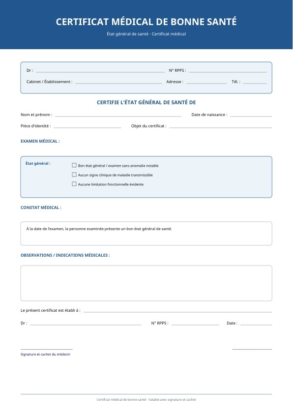 Certificat de bonne santé au format PDF