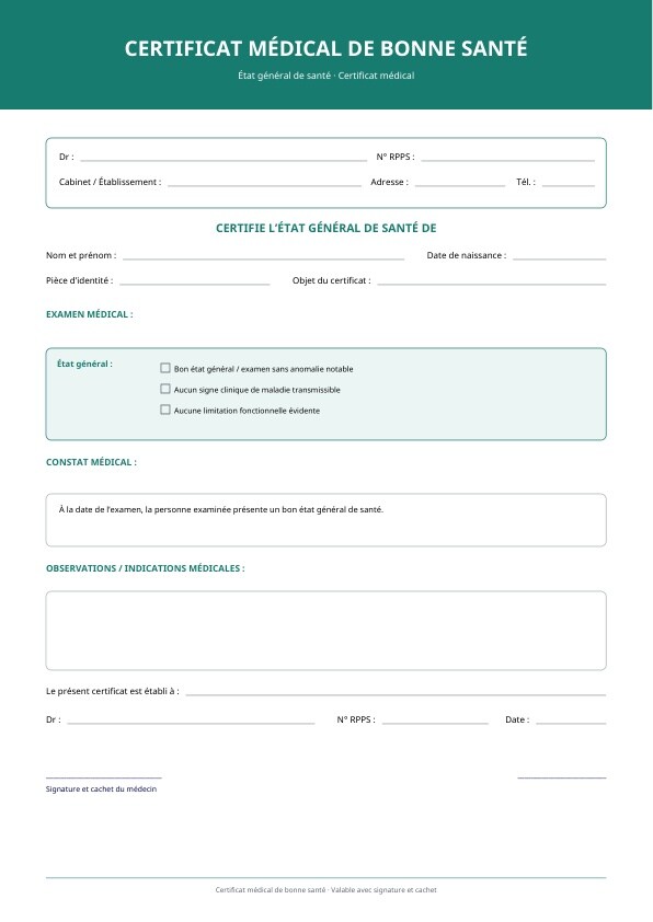 Attestation de santé générale avec mise en page simple