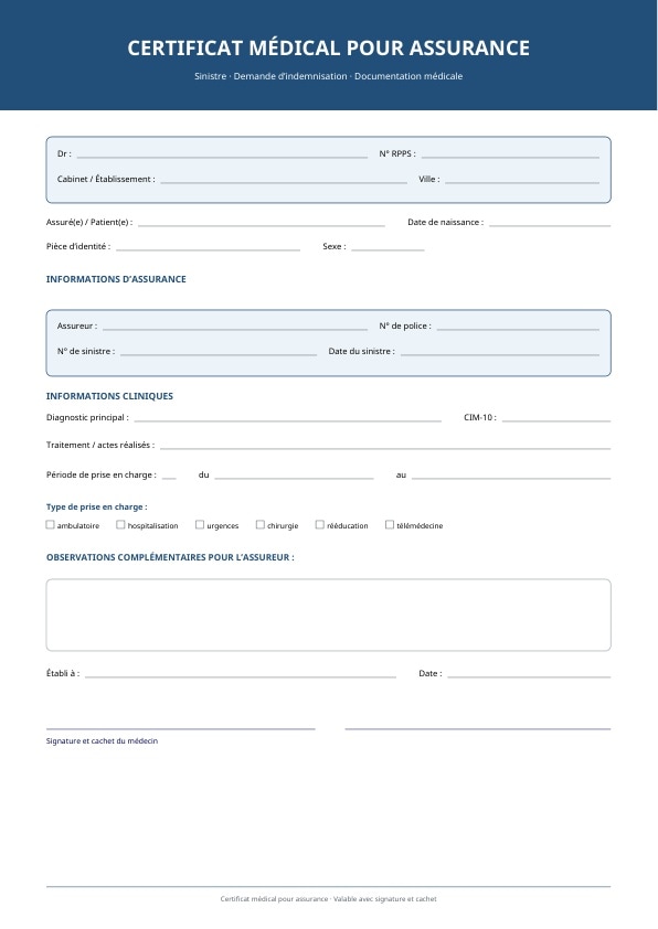Certificat médical pour assurance avec numéro de dossier