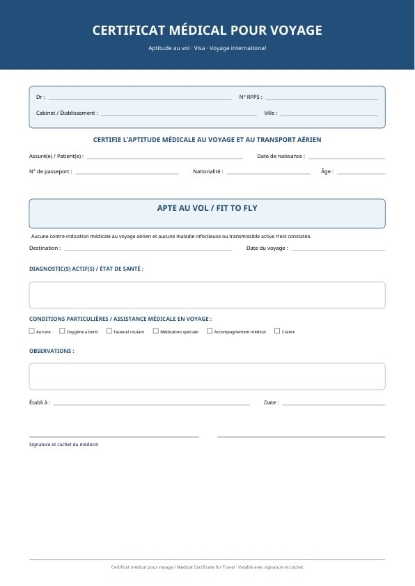 Certificat médical de voyage avec champ d’aptitude au vol