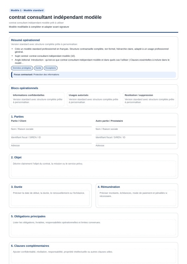 Contrat consultant indépendant modèle à télécharger