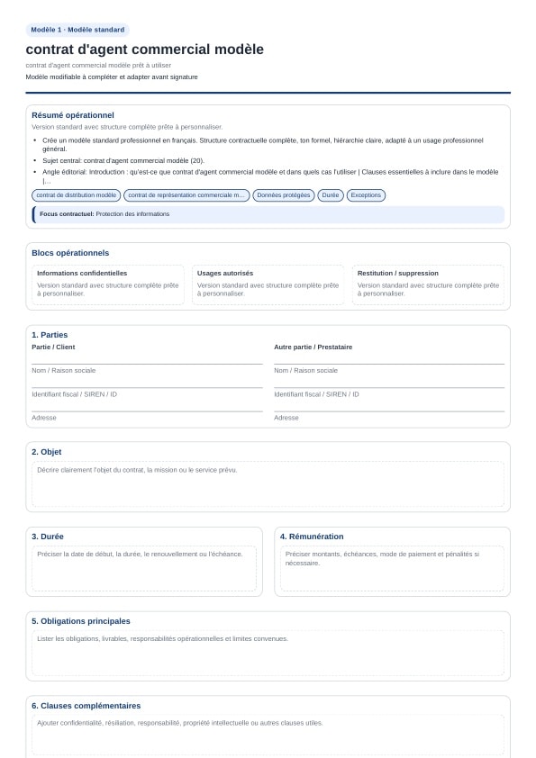 Contrat d'agent commercial modèle à télécharger
