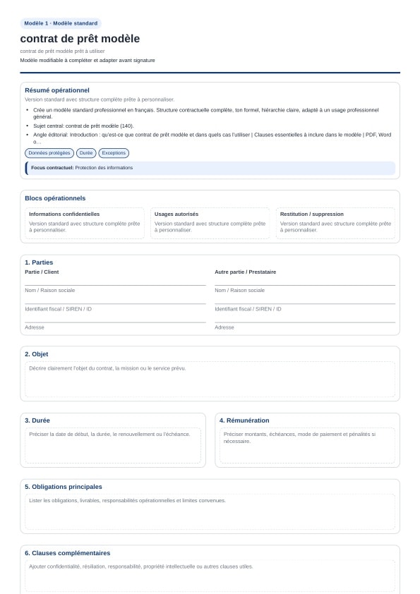 Contrat de prêt modèle à télécharger