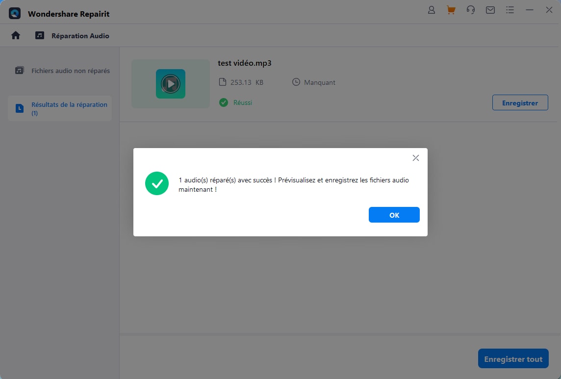 Avec Repairit, conservez le fichier audio restauré.