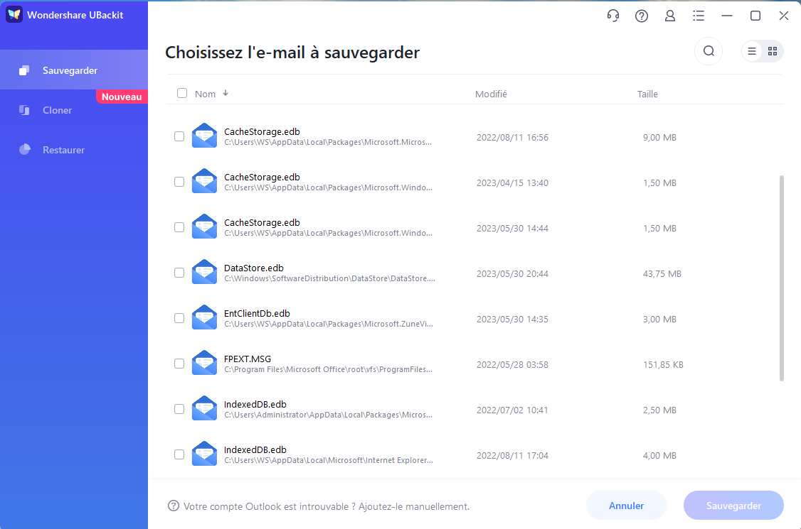 Choisissez les fichiers d'e-mails IMAP à sauvegarder.