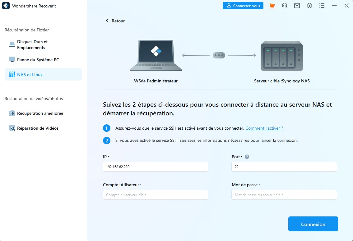 connecter le serveur nas à recoverit