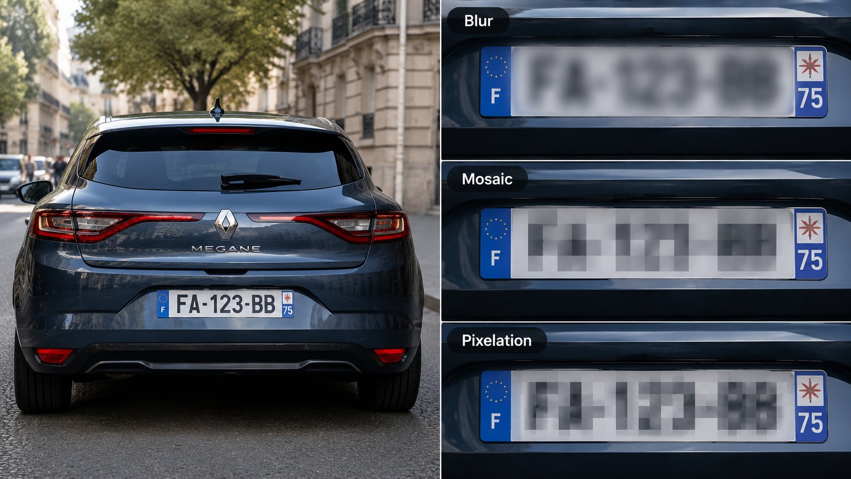 Réglages de flou mosaïque pixel et opacité pour masquer une plaque vidéo