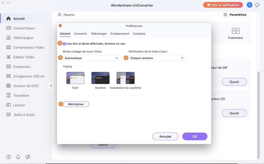 modifier les paramètres généraux de Wondershare UniConverter pour Mac