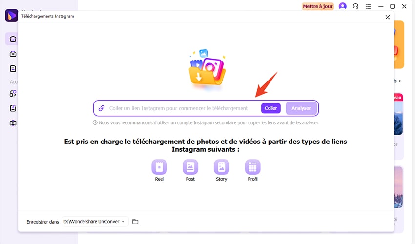 Coller l'url et analyser le lien dans uniconverter