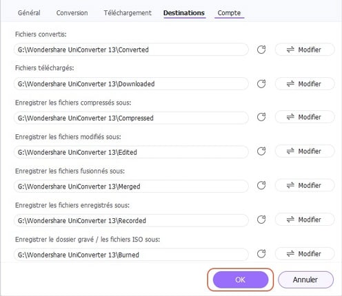 Configurer Wondershare UniConverter - Paramètres d'Emplacement