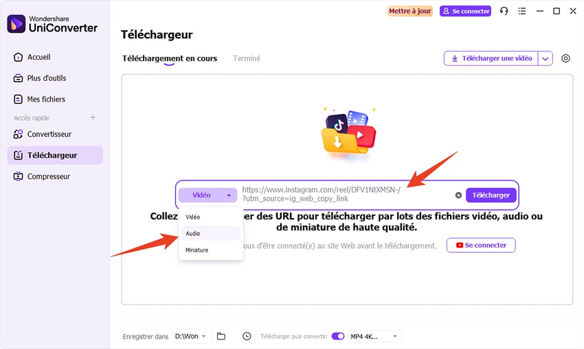 copier le lien dans uniconverter telechargeur