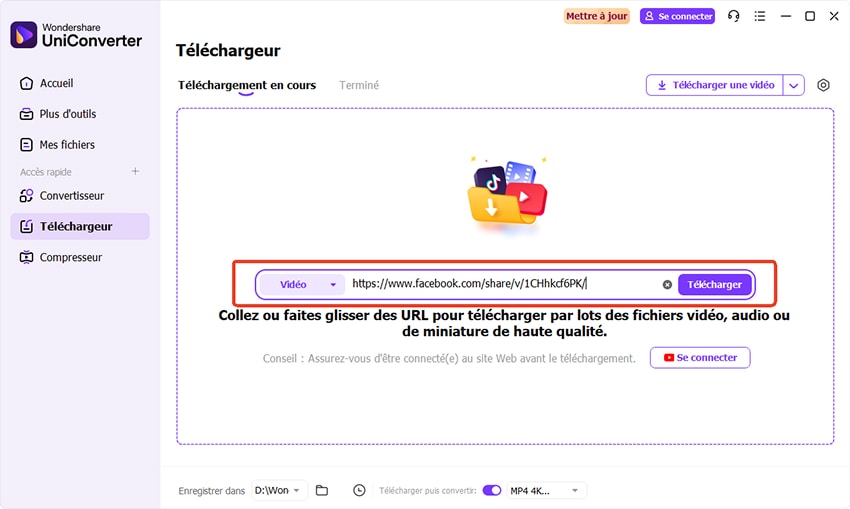 telecharger video facebook 4k avec uniconverter - étape 2