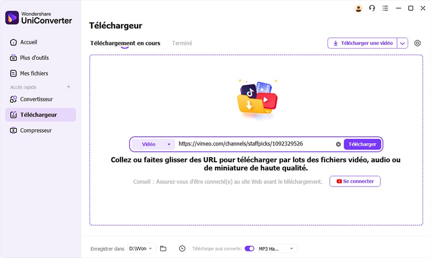 téléchargement à partir d'un lien vimeo uniconverter